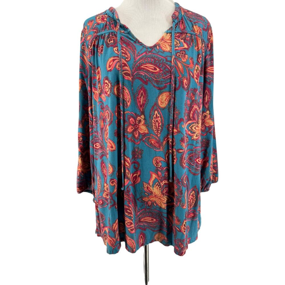 Belle by Kim Gravel Women's Exotic Blue Fall Flora 3/4 Sleeve Top Size Medium